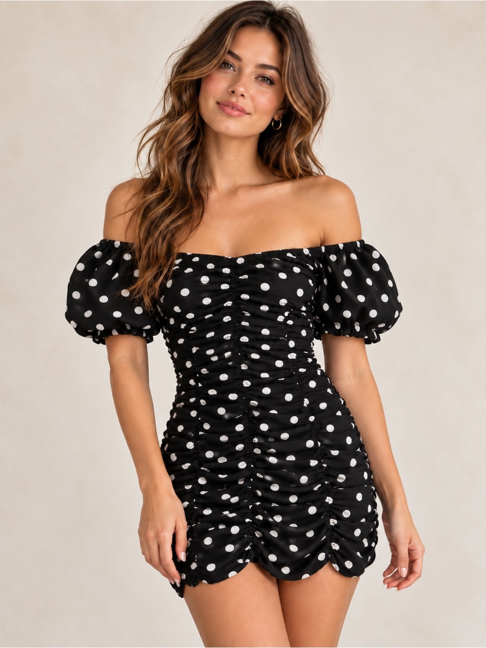Zara Black & White Polka Dot Off-Shoulder Ruched Mini Dress